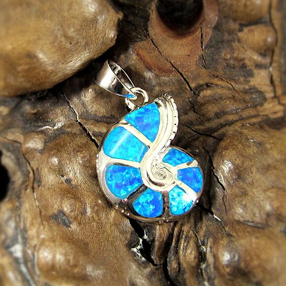 Solid 925 Sterling Silver and Blue Opal Nautilus Seashell Ammonite Pendant - Picture 4 of 10